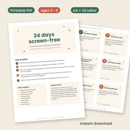 24 Screen-Free Days printable Advent activity calendar for kids