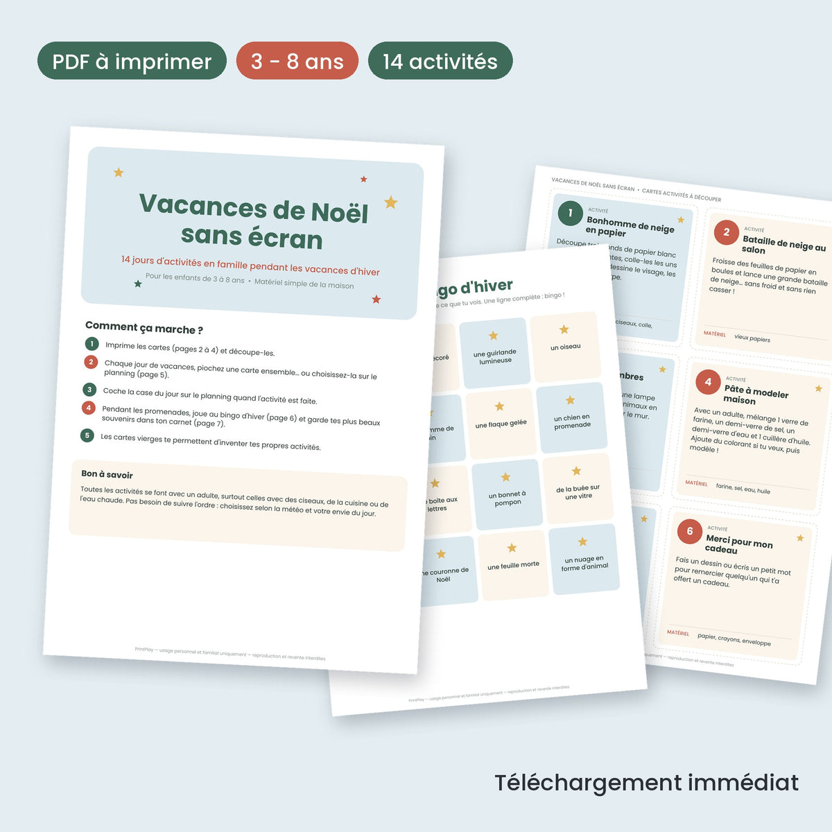 Vacances de Noël sans écran — 14 activités à imprimer (3-8 ans)