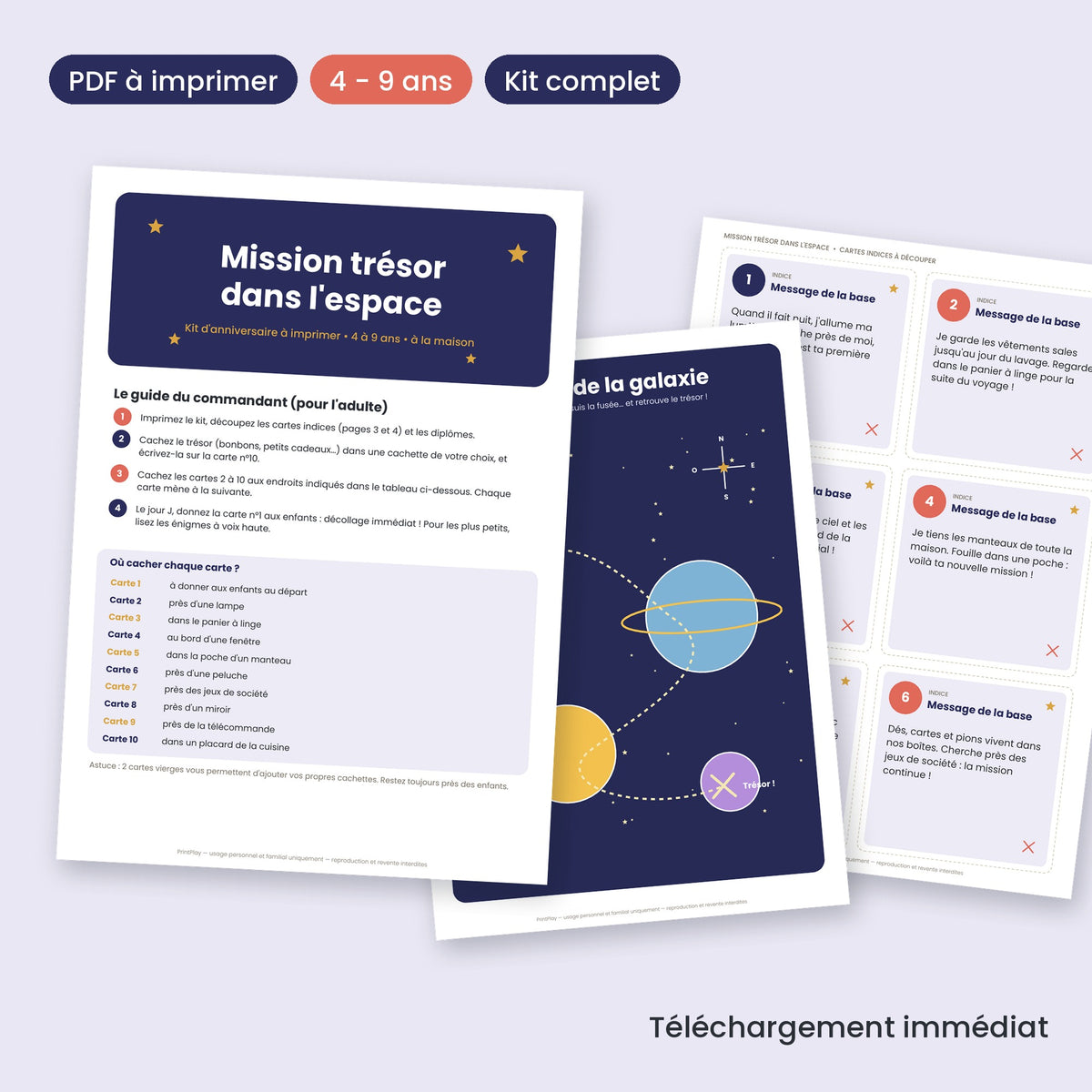 Kit d'anniversaire à imprimer : mission trésor dans l'espace avec cartes messages, invitations et diplômes