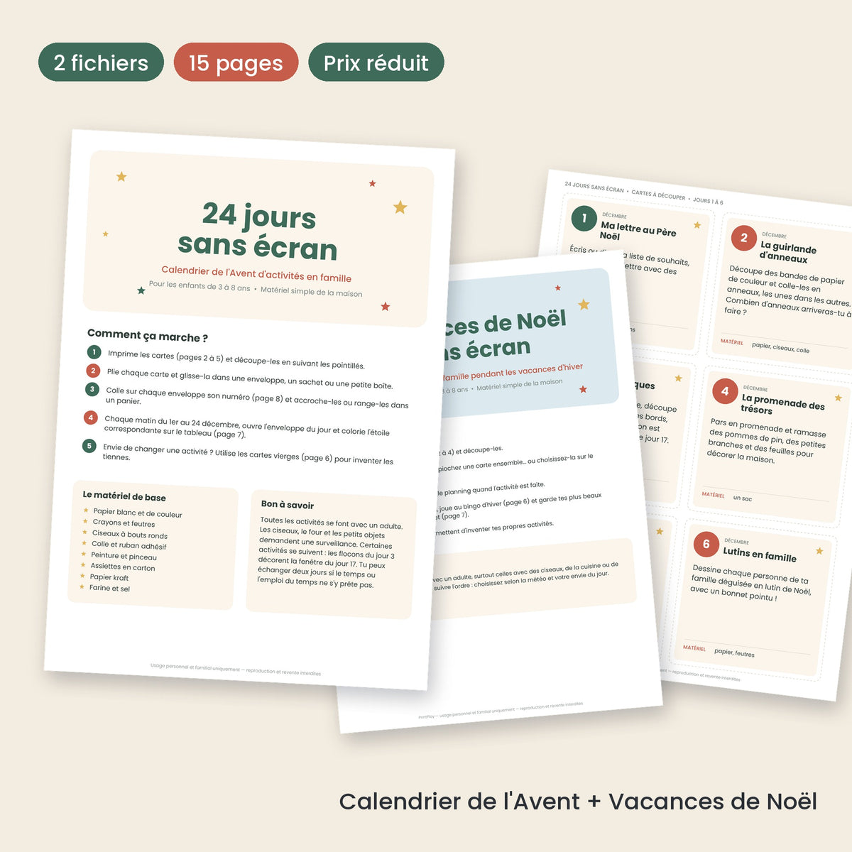 Pack Noël à imprimer : calendrier de l'Avent et activités des vacances de Noël sans écran