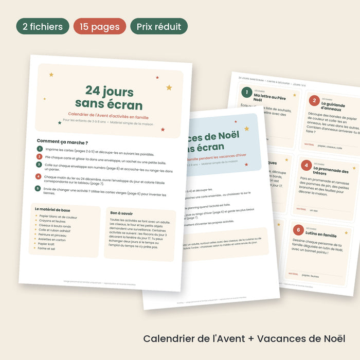 Pack Noël à imprimer : calendrier de l'Avent et activités des vacances de Noël sans écran
