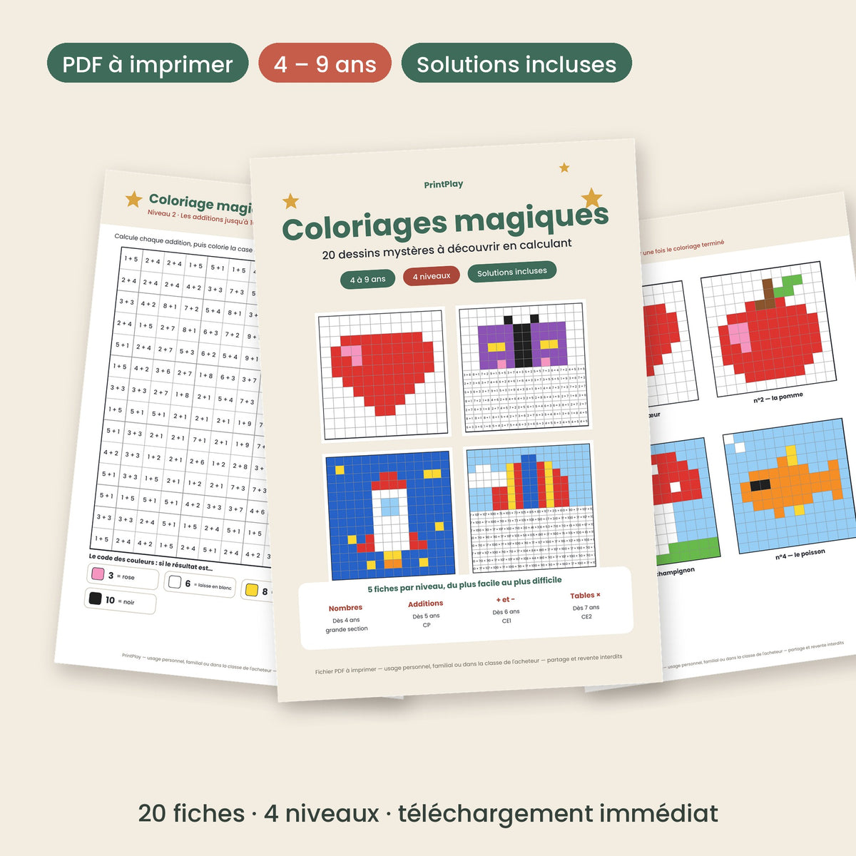 Coloriages magiques à imprimer : livret de 20 fiches de calcul à colorier pour les 4-9 ans, solutions incluses