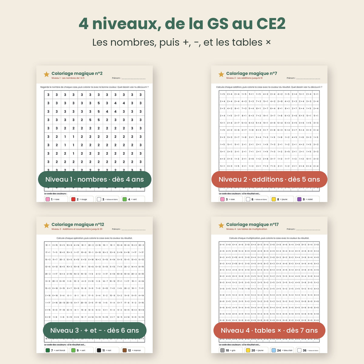 4 niveaux de coloriages magiques : nombres, additions, soustractions et tables de multiplication, de la grande section au CE2