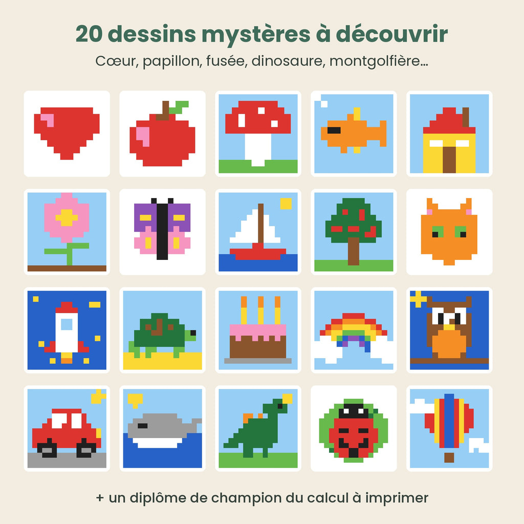 Les 20 dessins mystères des coloriages magiques : cœur, papillon, fusée, dinosaure, montgolfière