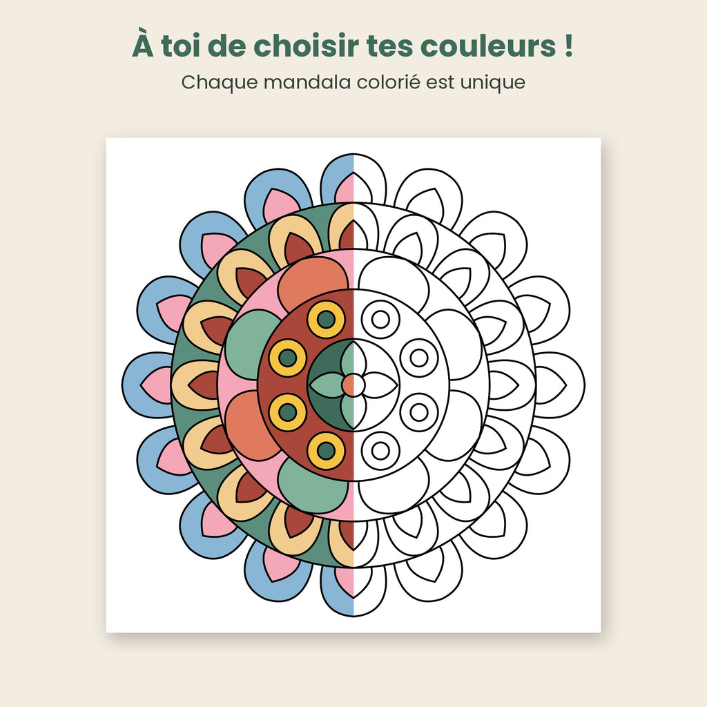 Exemple de mandala à moitié colorié