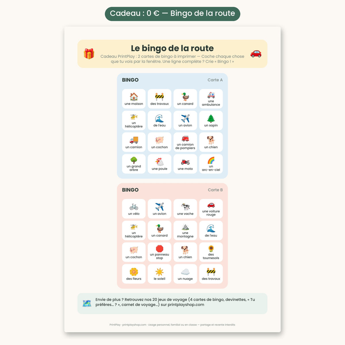 Gratis-Geschenk — Auto-Bingo zum Ausdrucken — Französische Version