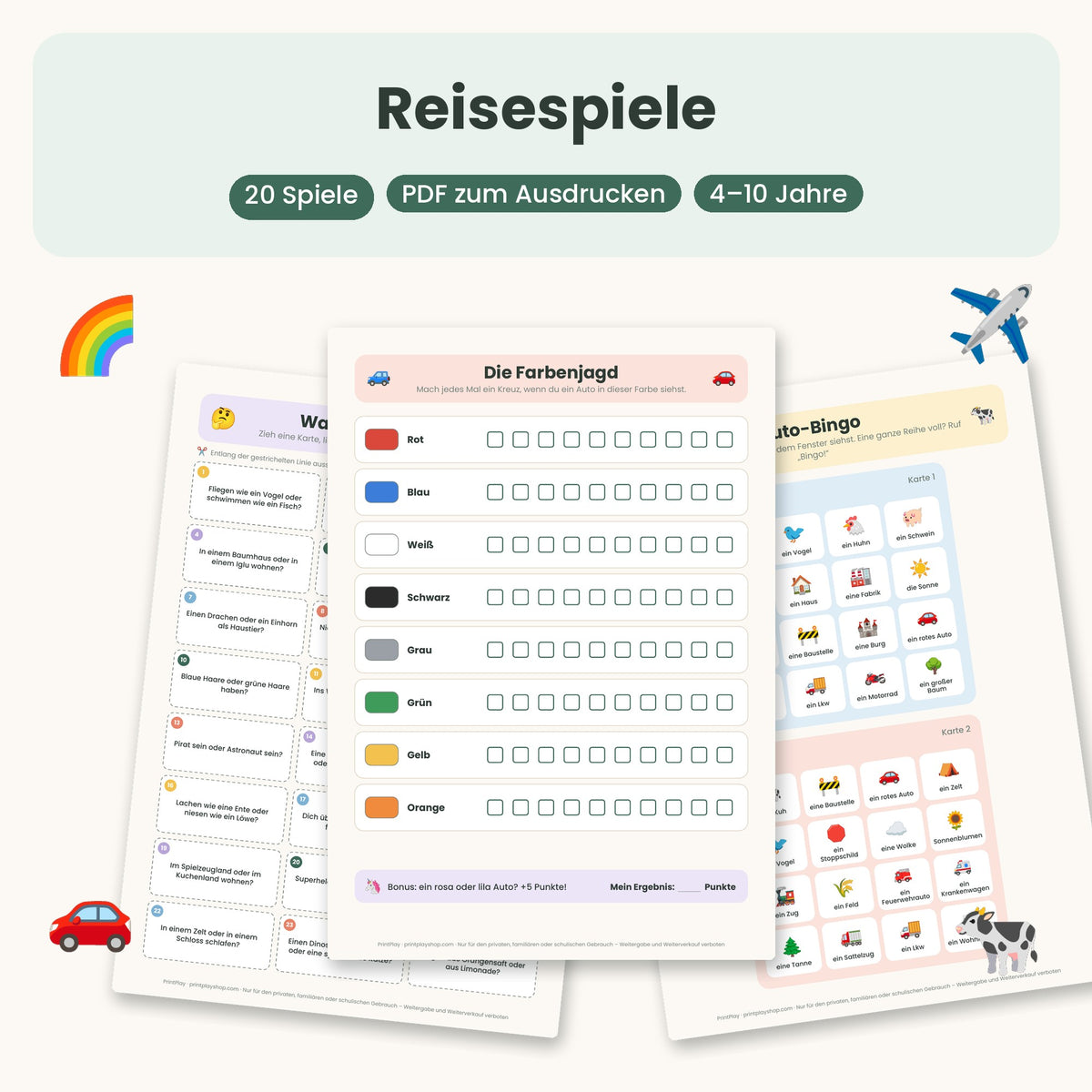 Reisespiele — 20 Spiele für die Autofahrt zum Ausdrucken (4–10 Jahre) — Deutsch