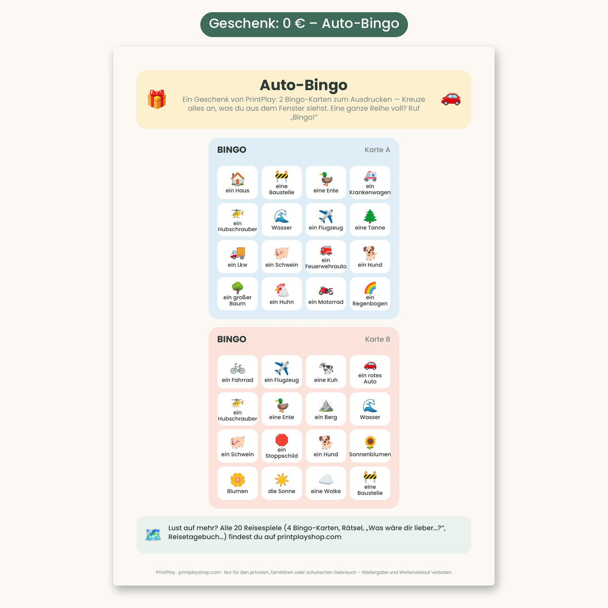 Gratis-Geschenk — Auto-Bingo zum Ausdrucken — Deutsch
